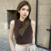 Jiashuchen Retro Ngắn Giả Mink Vest Nữ Thu Đông Thiết Kế Cảm Giác Thời Trang Áo Len Bên Trong Ấm Áp