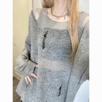 Jiashuchen Xám Rách Áo Len Mỏng Xuân Hè Nữ Dài Tay Rỗng Dệt Kim Áo Len Rời Sunscre