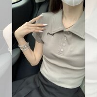 Jiashuchen Xuân Hè Ngắn Cổ Áo polo Chính Hãng Vai Áo Thun Nữ Tay Ngắn Slim-Fit Ôm Hơn Nhìn Nẹp