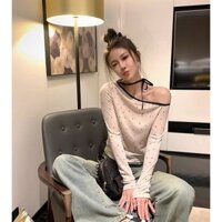 Jiashuchen Xuân Hè Ren-Up Chấm Bi Dài Tay Áo Thun Nữ quây Slim-Fit Ôm Hơn Nhìn