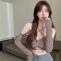 Jiashucheng Áo Thun Tay Dài Cổ Khoét Sâu Chéo Lưng Siêu Mỏng Mùa Thu Âu Mỹ Quyến Rũ Dễ Phối Đồ Cho Nữ