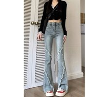 Jiashucheng Quần jeans Ống Loe Lưng Cao Phong Cách retro Mùa Thu Mới Cho Nữ