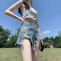 Jiashucheng Quần Short Denim Xanh Nhạt Lưng Cao Co Giãn Ôm Dáng Rách Gối Cho Nữ