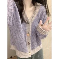 Jiashucheng taro Áo Khoác cardigan Dệt Kim Mềm Dáng Rộng Cổ Chữ v Màu Tím Phong Cách chanel Hàn Quốc Mùa Thu Đông Cho Nữ