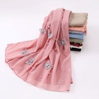 Jifang Ba Chiều Bướm Ngọc Trai Trắng Bong Bóng Trơn Voan Pashmina Khăn Choàng Đầu Khăn Hijabs Hồi Giáo Khăn Choàng WC05