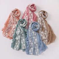 Jifang Trắng Thêu Hoa Ren Hoa Trơn Bong Bóng Voan Khăn Choàng Pashmina Đầu Khăn Quấn Raya Hồi Giáo Hijabs Khăn Choàng WC26