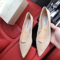 Jimmy Choo Giày Cao Gót Đế Bằng Kim Cương Giả Lưới Sợi Da Cừu Miếng Lót Chân Đế Cao Su Thời Trang Gợi Cảm Giày Nữ