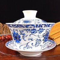 Jingdezhen Kích Thước Lớn Gốm Gaiwan Xanh Trắng Sứ Nướng Trà Ba Bong Bóng Tháp Pháo Tám Kho Báu Bát Trà Sancai Bát Móng Ngựa Cơm