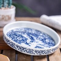 Jingdezhen Ruyi Đeo Hoa Rồng Nồi Chenglong Họa Tiết Khay Phong Cách Trung Hoa Cổ Điển Xanh Trắng Sứ Tròn 12.77