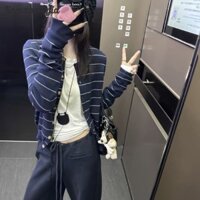 JINMAHONGJIA Áo len dệt kim sọc phong cách cổ điển Áo len dài tay mỏng dáng rộng phù hợp cho nữ