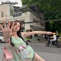 JINMAHONGJIA Áo Vest màu xanh lá cây in hình hoạt hình hàng đầu dành cho nữ