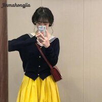 Jinmahongjia Nhật Bản Phong Cách Đại Học Thủy Thủ Cổ Áo Dệt Kim Nữ Sinh Băng Đầm Váy Vàng Bộ Hai Mảnh