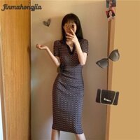 Jinmahongjia Polo Cổ Áo Dệt Kim Nữ Kẻ Sọc Hông Áo Giữa Chiều Dài
