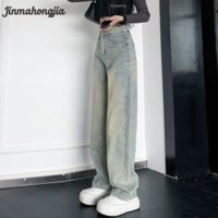 Jinmahongjia Quần jean thẳng lưng cao cấp thiết kế giặt kiểu cổ điển có dây kéo quần ống rộng