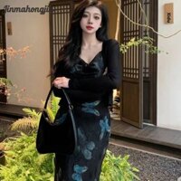 Jinmahongjia Retro Bướm In Slip Dress Nữ Gợi Cảm Cao Cấp Phong Cách Kỳ Nghỉ Dài