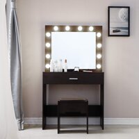 Jiqitu Makeup Vanity Dressing Table Set with Hd Lighted Mirror, Dressing Table Wirh Plus-Tabletop and Double Drawerfor Dressing Room or Bedroom,Woo...