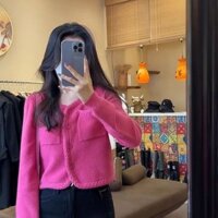JIYOONJI Áo khoác Chanel màu đỏ hoa hồng Áo len ngắn dệt kim dành cho nữ