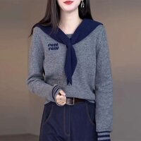 JIYOONJI Áo len nữ dệt kim cổ thủy thủ thời trang Áo dài tay đa năng