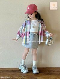 JJ 4458 - Set 3ct Jam & Jenny áo sơ mi caro sắc màu + croptop trắng + chân váy ghi bé gái size 2-12y