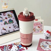 [Jjnzdd] Cốc cà phê du lịch Sanrio Hello Kitty di động Chống tràn có nắp Cốc giữ nhiệt ống hút Hoạt hình dễ thương Cốc chân không Bình nước ELWW