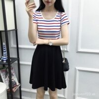 Jklv Đầm Phong Cách Mới Đen Trắng Sọc Vừa Dài Tay Slim-F