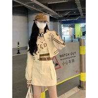 Jnsv Giao hàng ngay lập tức [Bộ sưu tập 6.30.000 người] Áo khoác đồng phục bóng chày ngắn tay dài dành cho nữ Áo yếm mùa thu khí chất thời trang Váy ngắn nửa chiều eo cao