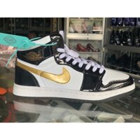 Jordan 1 mid patent black white gold