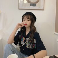 JULY - Áo sơ mi nữ đen họa tiết thêu hình cá tính L245