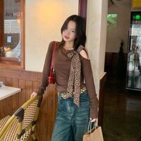 Julyhot Thời Trang Da Báo In Nơ Ruy Băng Áo Thun Dài Tay Mỏng Nữ Crop Top Massivedeals