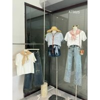 Jumi-Clothes - Set áo phông nữ kèm khăn kẻ chất mát đơn giản dễ thương nhiều màu mặc đi chơi, đi làm