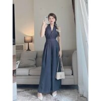 Jump áo khoét nách buộc nơ sau quần ống rộng chất đũi vân mây có mút D274