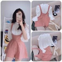 Jumpsuit dạ caro kèm Áo sơmi xếp ly tay bèo siêu xinh
