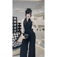 Jumpsuit dài cổ V ống rộng không tay - bộ jum đồ bay lụa kiểu cổ yếm