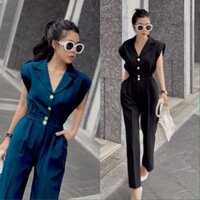 Jumpsuit Dài Cổ Vest Sơ Mi Lụa Cộc Tay Liền Quần Baggy Eo Nhún 2 Bên Size M L XL