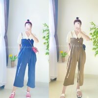 Jumpsuit dài ống rộng cúp ngực nữ + Áo sơmi tay bồng màu be XOÀI STORE