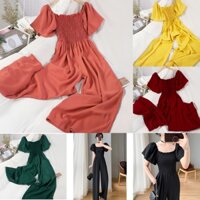 Jumpsuit (đồ bay) Quảng Châu phom suông dài lụa mượt màu trơn cổ vuông ngực eo bo chun tay phồng cao cấp