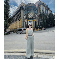 Jumpsuit jean quần suông dài nhún ngực kèm nịt nâu sang chảnh HT224, kèm hình thật sp