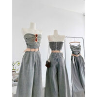 JUMPSUIT JEAN WASH DƠ XẾP NGỰC NHÚN  SMOKING SAU KÈM  NỊT