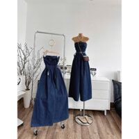 Jumpsuit jean xanh đậm cúp nhún kèm nịt 2 - Viva Vida