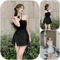 Jumpsuit nữ cổ dây đính nơ ngực Phối thân dưới Quần giả váy xẻ tà dưới dáng xoè xinh xắn, dễ thương