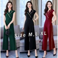 ▼☄Jumpsuit nữ Dài Ống Suông Cổ Vest Phối Viền Be Kèm Belt J1011