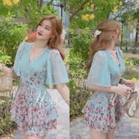 Jumpsuit ống rộng voan xanh dương hoa hồng