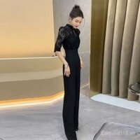 Jumpsuit ren chắp vá kiểu mới 2025 [Bộ sưu tập thời trang giảm cân thiết kế cảm giác mùa hè 2519 ống rộng] Quần dài thời trang