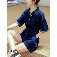 Jumpsuit short denim cổ sơ mi ống rộng, bộ jum đồ bay ngắn cài nút - DTH