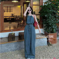 Jumpsuit thời trang nữ, jumpsuit jean QC cổ yếm hở vai eo bo chun buộc dây quần dài ống rộng phong cách hàn quốc, cá tíh