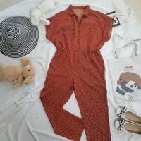 Jumpsuit vải voan cộc tay eo chun, Bộ áo liền quần ống rộng họa tiết chấm bi Cỡ 40-55kg