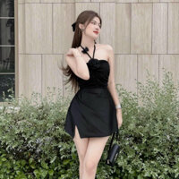 Jumpsuits đùi giả váy chữ a thời trang nữ mặc đi tiệc chất tapta dây chéo cổ bông, áo xốp sọ xếp ly liền quần đùi