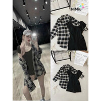 Jumpsuits đùi thời trang nữ chất thun gân ôm body cổ vuông tay ngắn kèm áo khoác caro tay dài sơ mi