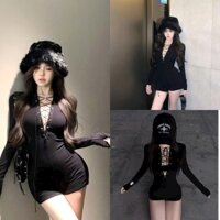 JUMPSUITS thời trang nữ chất thun gân tay dài cổ xẻ đan dây thiết kế trẻ trung cá tính thích hợp mặc đi chơi