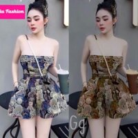 Jumsuit ngắn họa tiết chất gấm bố Mút ngực có túi, dây kéo chun, chun lưng sau form <53kg [CÓ ẢNH CHỤP THẬT]